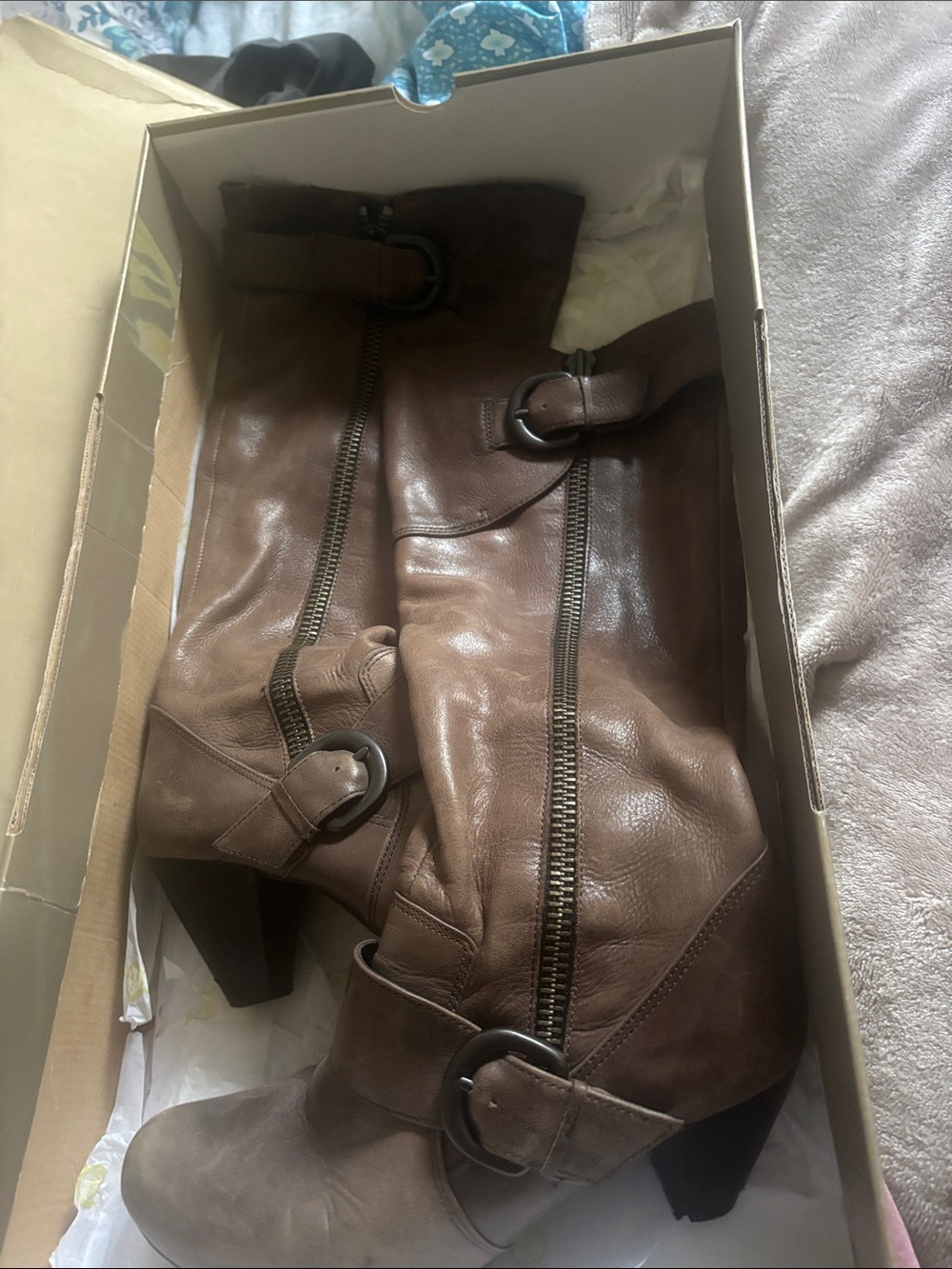 Born Crown Brown Leather Wooden Heel Knee High Boots